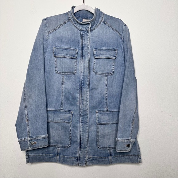 Chico's Jackets & Blazers - Chicos Light Wash Denim Barn Chore Jacket Mock Neck Zip Front Size 1 US 8/10